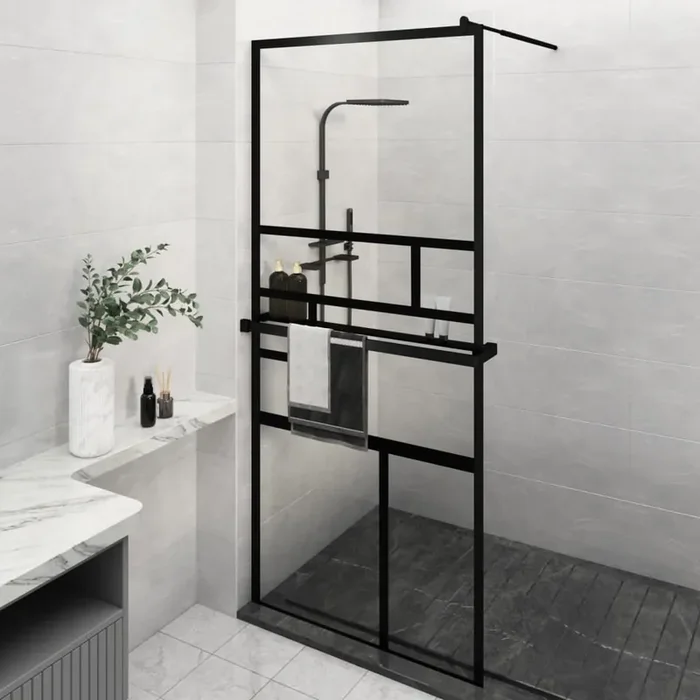 vidaXL Walk-in Shower Wall with Shelf Black 35.4×76.8 ESG Glass&Aluminum