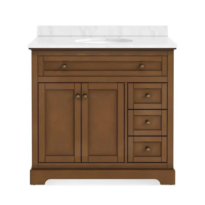 Wellington 36 in. W x 21.5 in. D x 35 in. H Single Sink Freestanding Bath Vanity in Brown with White Carrara Marble Top
