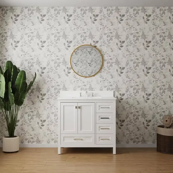White 36 in. Fully Assembled Bathroom Vanity Combo, Vanity Cabinet Marble Countertop and 5-Drawers, Soft Closing Doors