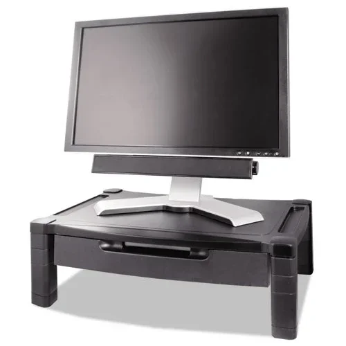 Wide Deluxe Two-level Monitor Stand With Drawer, 20 ” X 13.25 ” X 3 ” To 6.5 “, Black, Supports 50 Lbs