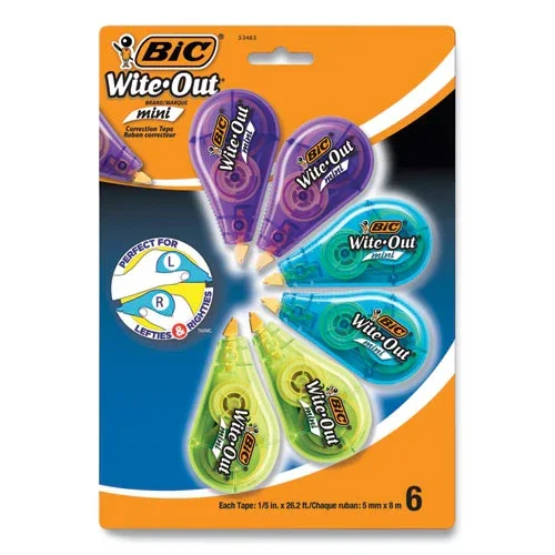Wite-out Brand Mini Correction Tape, Non-refillable, Blue/purple/yellow Applicators, 0.2 ” X 314.4 “, 6/pack