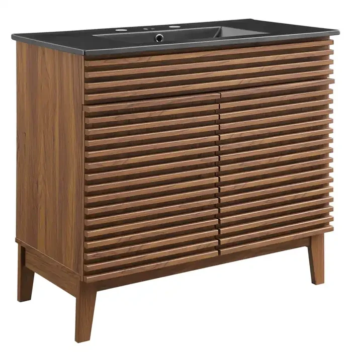 Yardlio 36‘‘ Walnut Grain Laminate Bathroom Vanity with Ceramic Sink and Ample Storage
