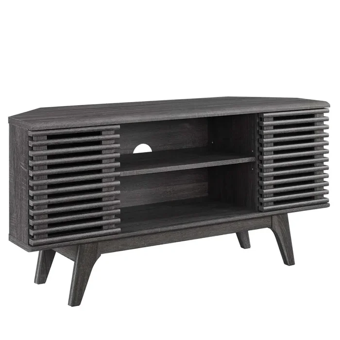 Yardlio 46‘‘ Corner TV Stand – Mid-Century Style, Walnut Veneer, Adjustable Shelves